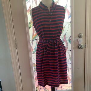 Escapada “Libby” red/blue Sleeveless Dress with Belt, pockets and silver buttons